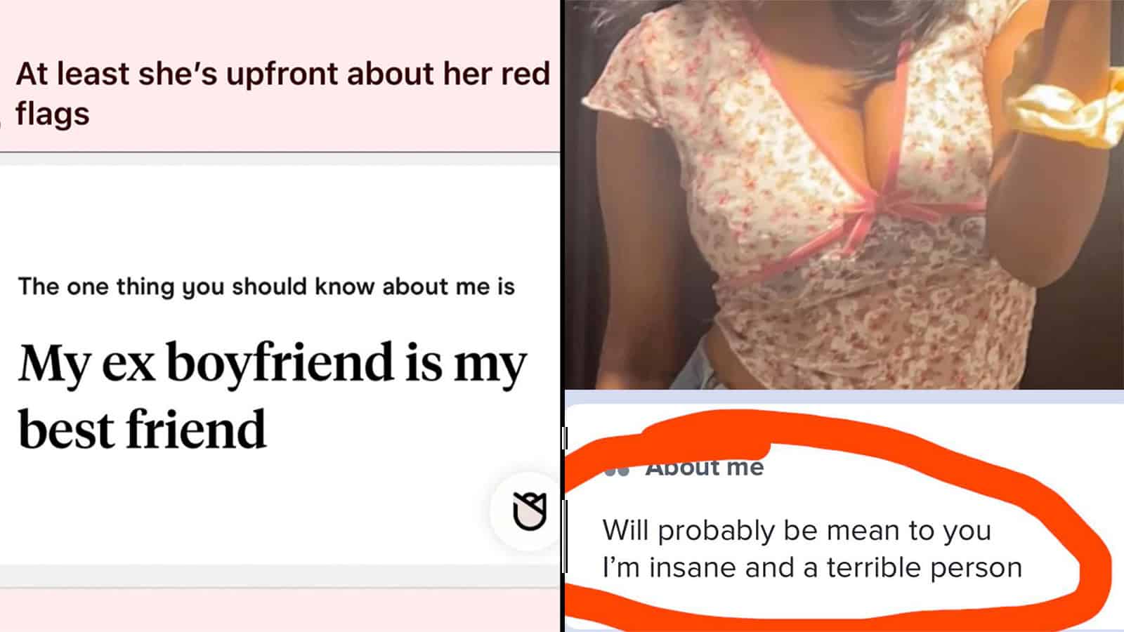 Text about red flags and ex-boyfriend being best friend, with a woman in a floral top.