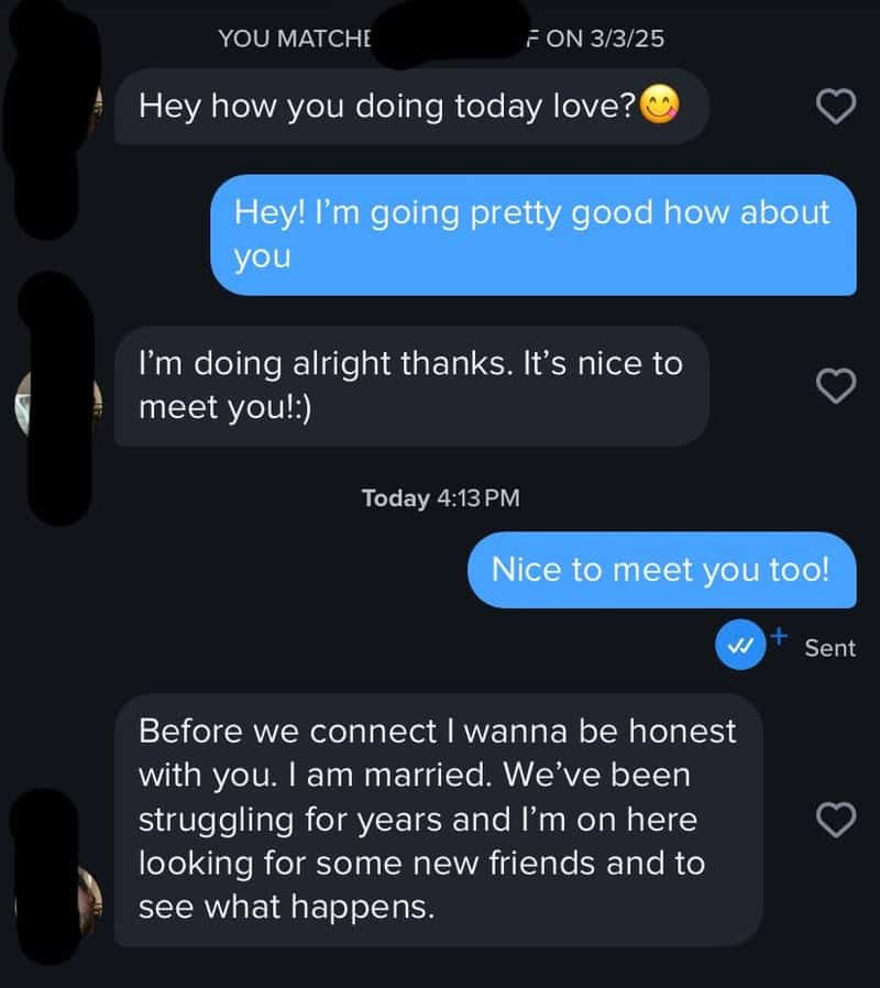 Text conversation on dating app about honesty and marriage.