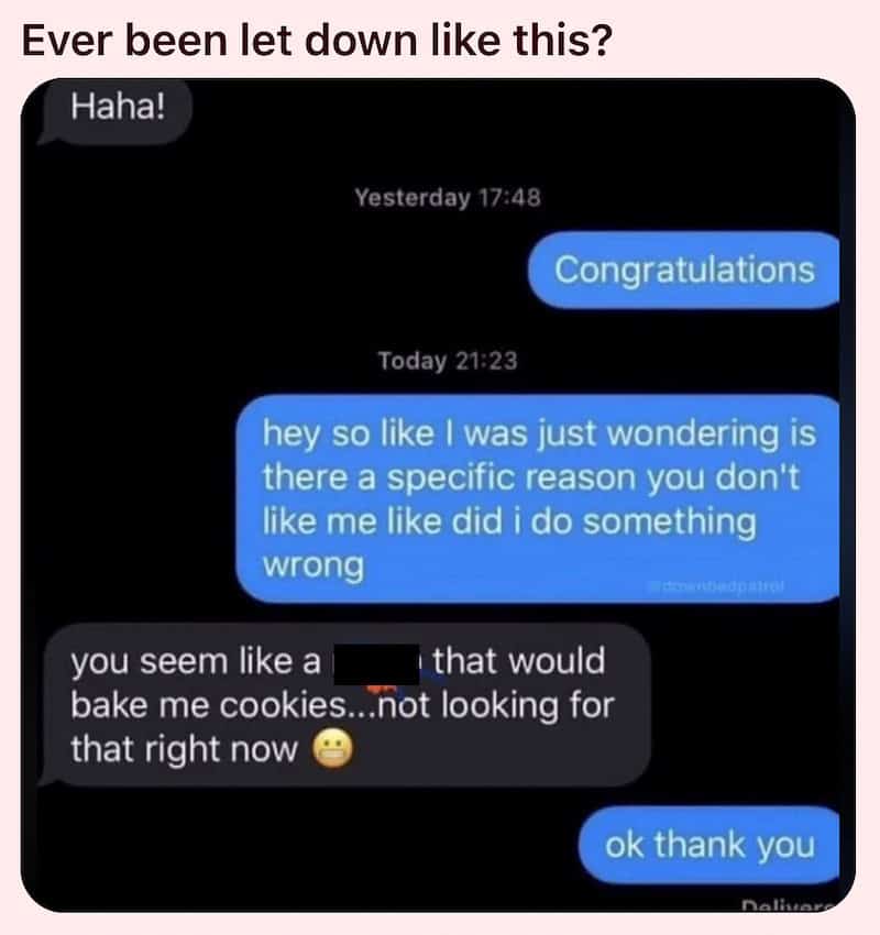 Screenshot of a chat conversation about dating app red flags.