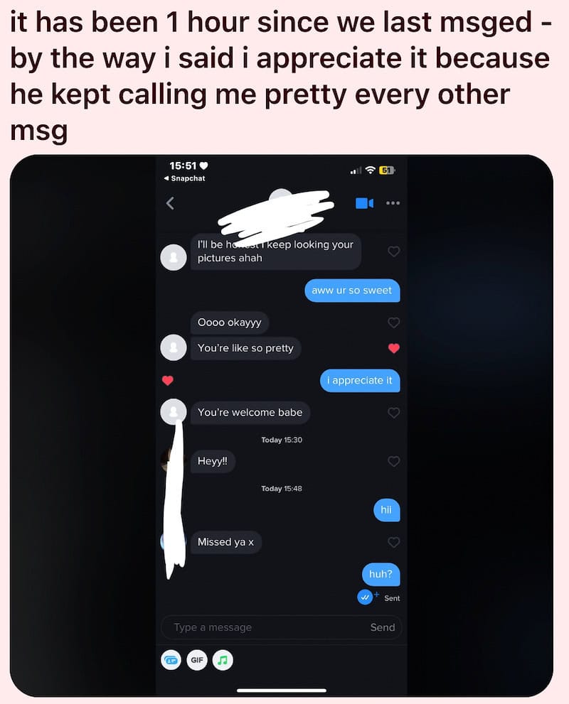 Screenshot of a Snapchat chat showing flirtatious messages and emojis.