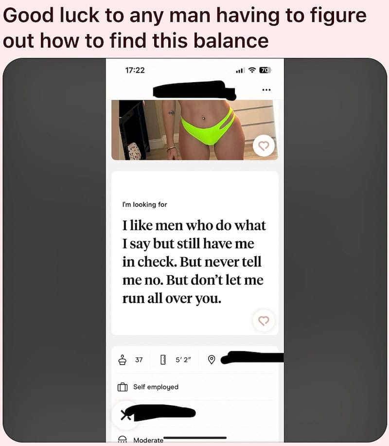 Screenshot of a dating app profile with a woman in neon green bikini and a text message about trust.