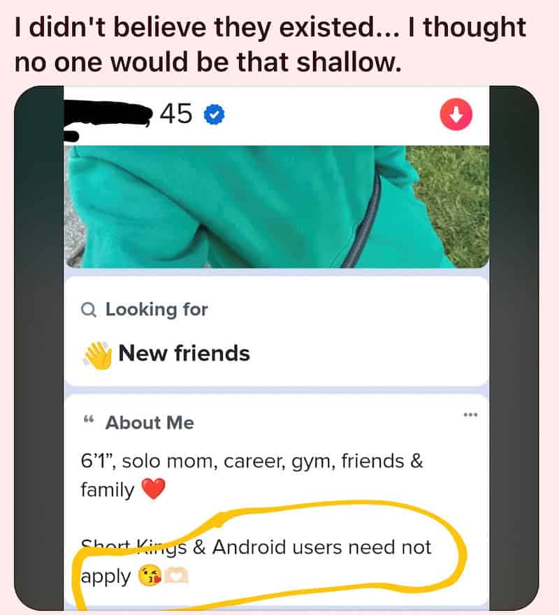 Screenshot of a dating app profile with a bio about not applying to Kings & Android users.