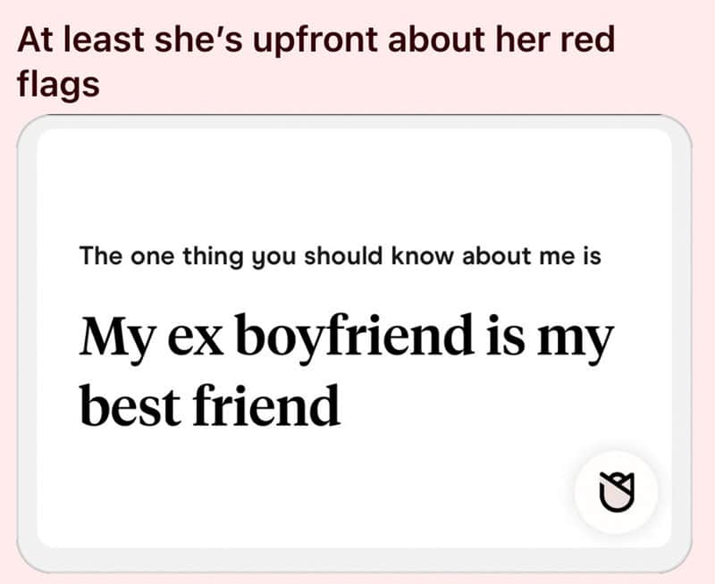 Text reading 'My ex boyfriend is my best friend' with a note about red flags.