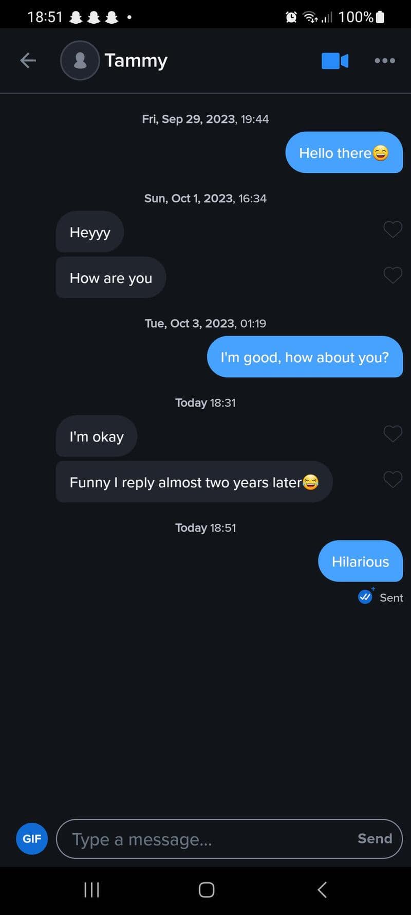 Screenshot of a chat conversation with messages about greetings and humor.