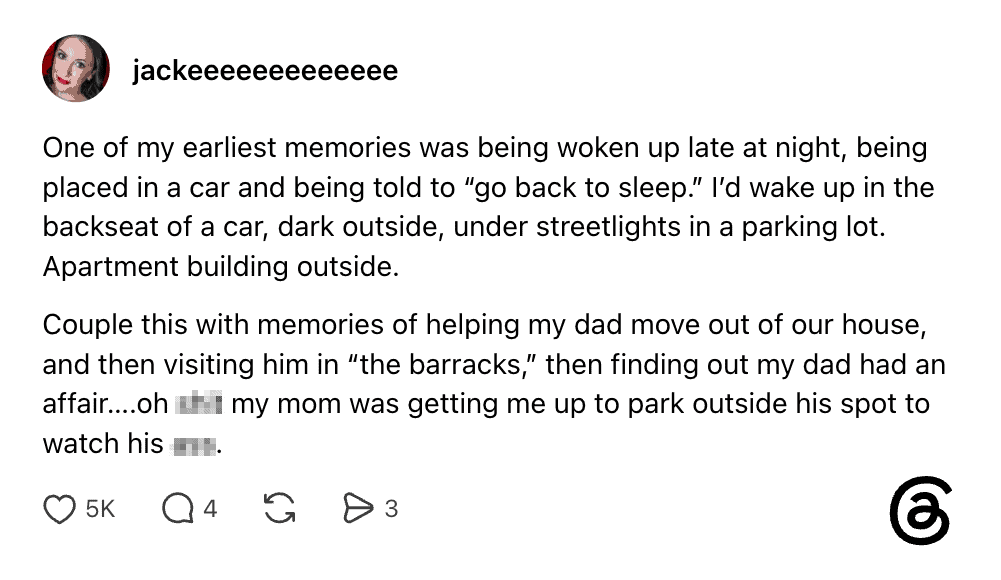 Childhood memory of being woken up late at night in a car outside an apartment.
