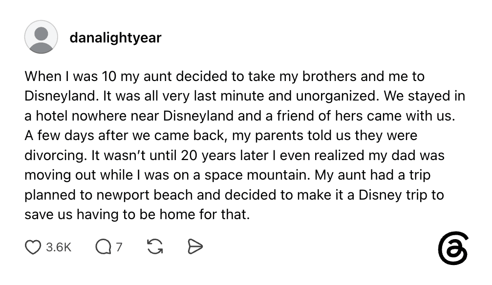 A young girl and her brother at Disneyland, with a caption about childhood memories and family trips.