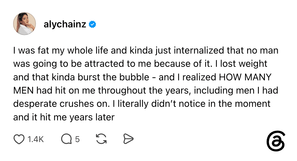 A woman sharing her childhood realization about attraction and weight.