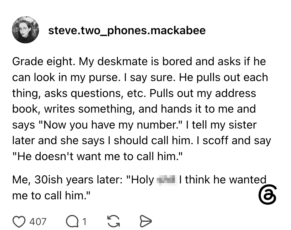 Childhood memory of a boy asking to look in a girl's purse and calling her later.