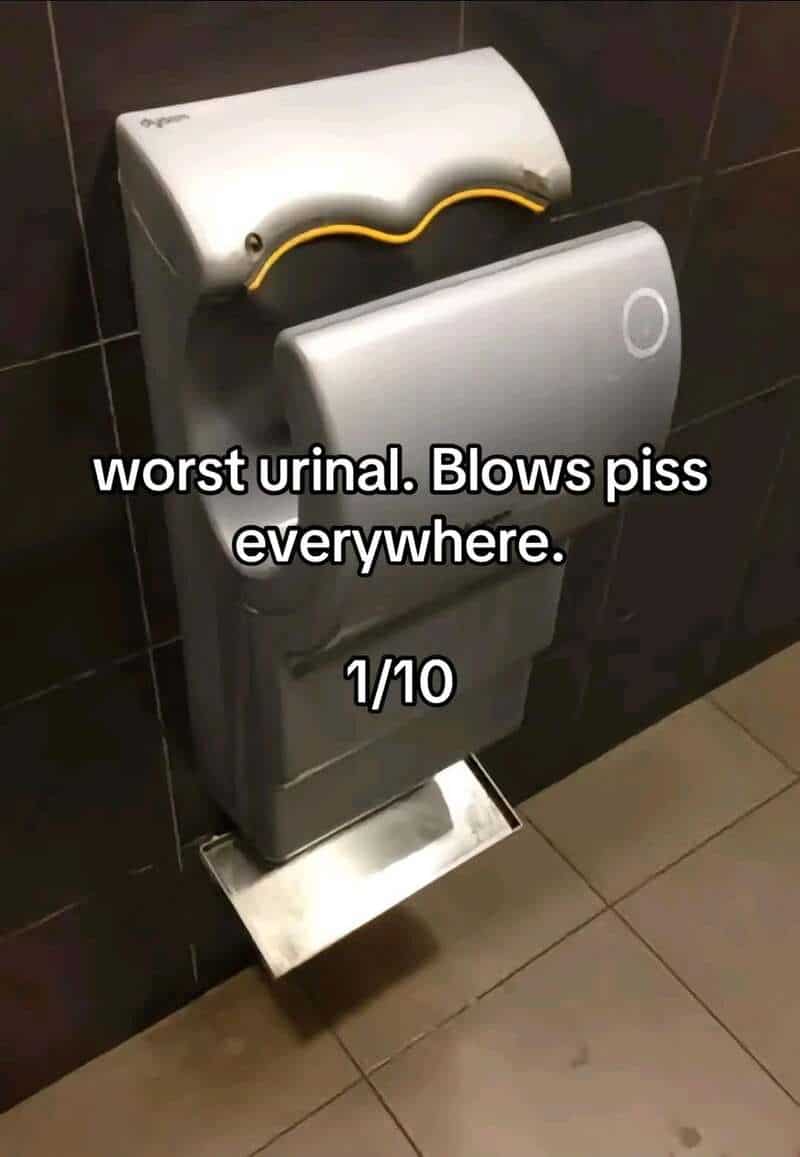Urinal with a humorous caption about it blowing piss everywhere.