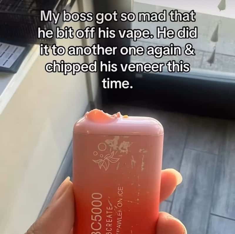 Pink vape device with chipped veneer, held near a window with text overlay.