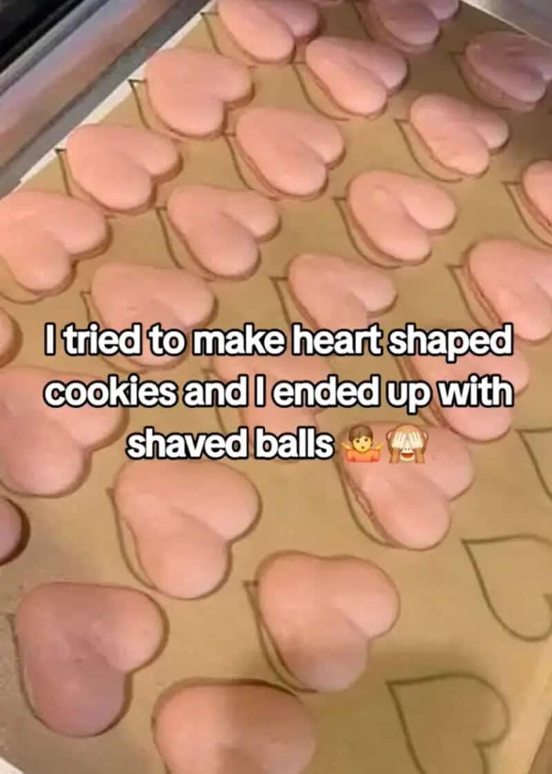 Heart-shaped cookies with a caption about making heart cookies and ending up with shaved balls.