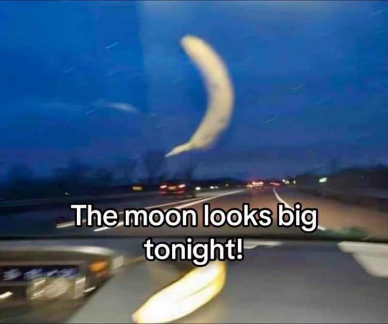 The moon looks big tonight! with a banana in the foreground.