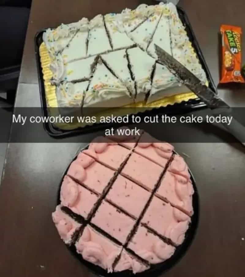 Cake cut into slices with a knife, with a caption about a coworker cutting the cake at work.