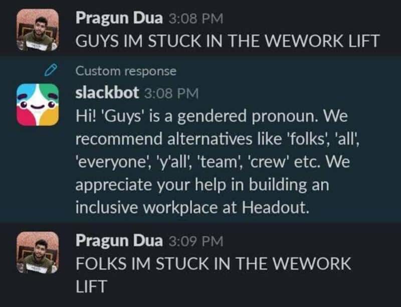 Person stuck in a workplace lift, with a humorous chat about gender pronouns and workplace inclusiv.