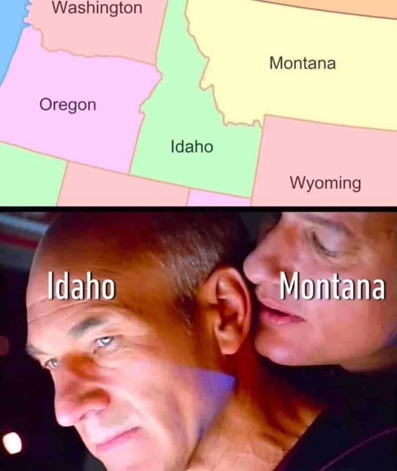 Map of Idaho and Montana with two men, one labeled Idaho and the other Montana, close together.