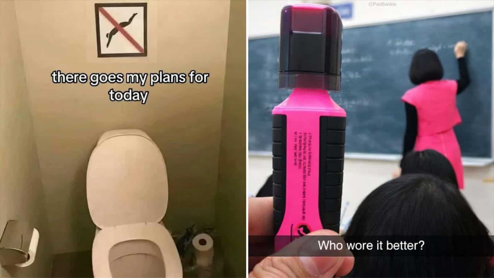 Funny classroom scene with a pink highlighter and a teacher writing on the blackboard.