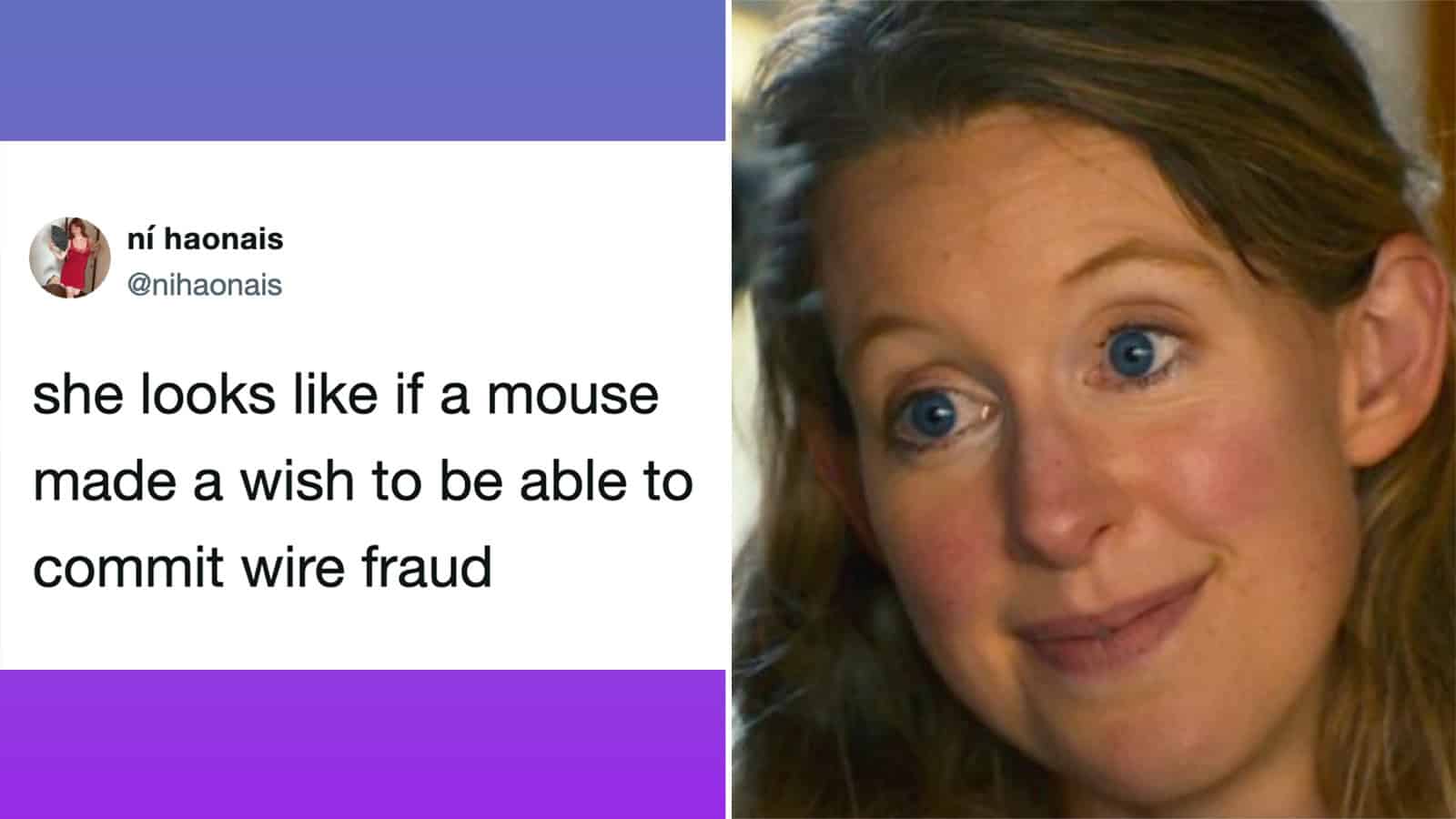 Girl with a playful expression, blue eyes, and light brown hair, next to a tweet about a mouse.