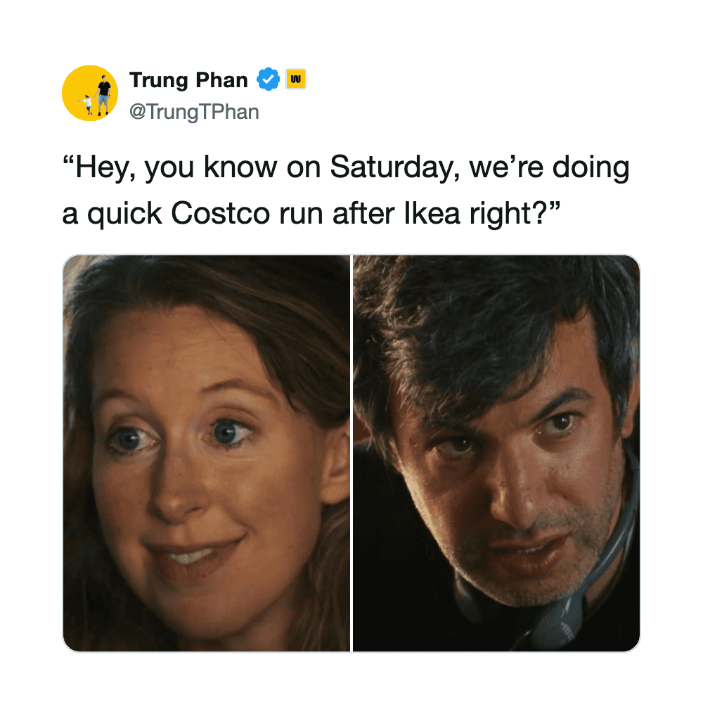 Tweet by Trung Phan about Costco run after Ikea with photos of woman and man.