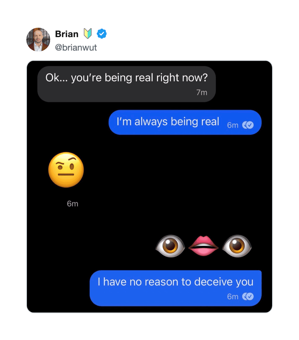 Screenshot of a Twitter post with a chat conversation about being real.