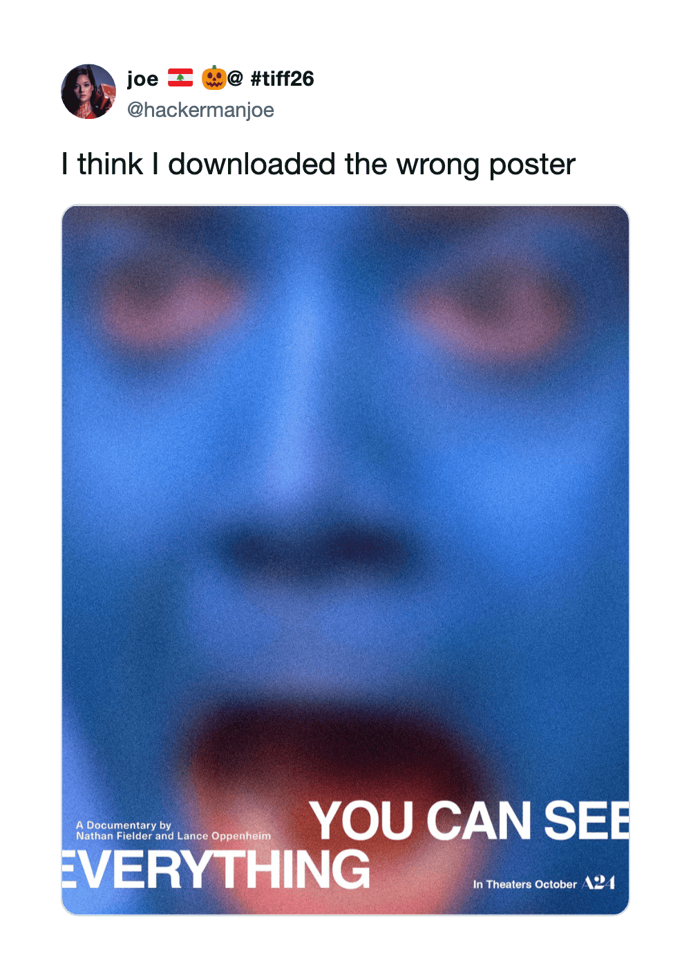 Blurred blue face with text about a documentary trailer and memes.