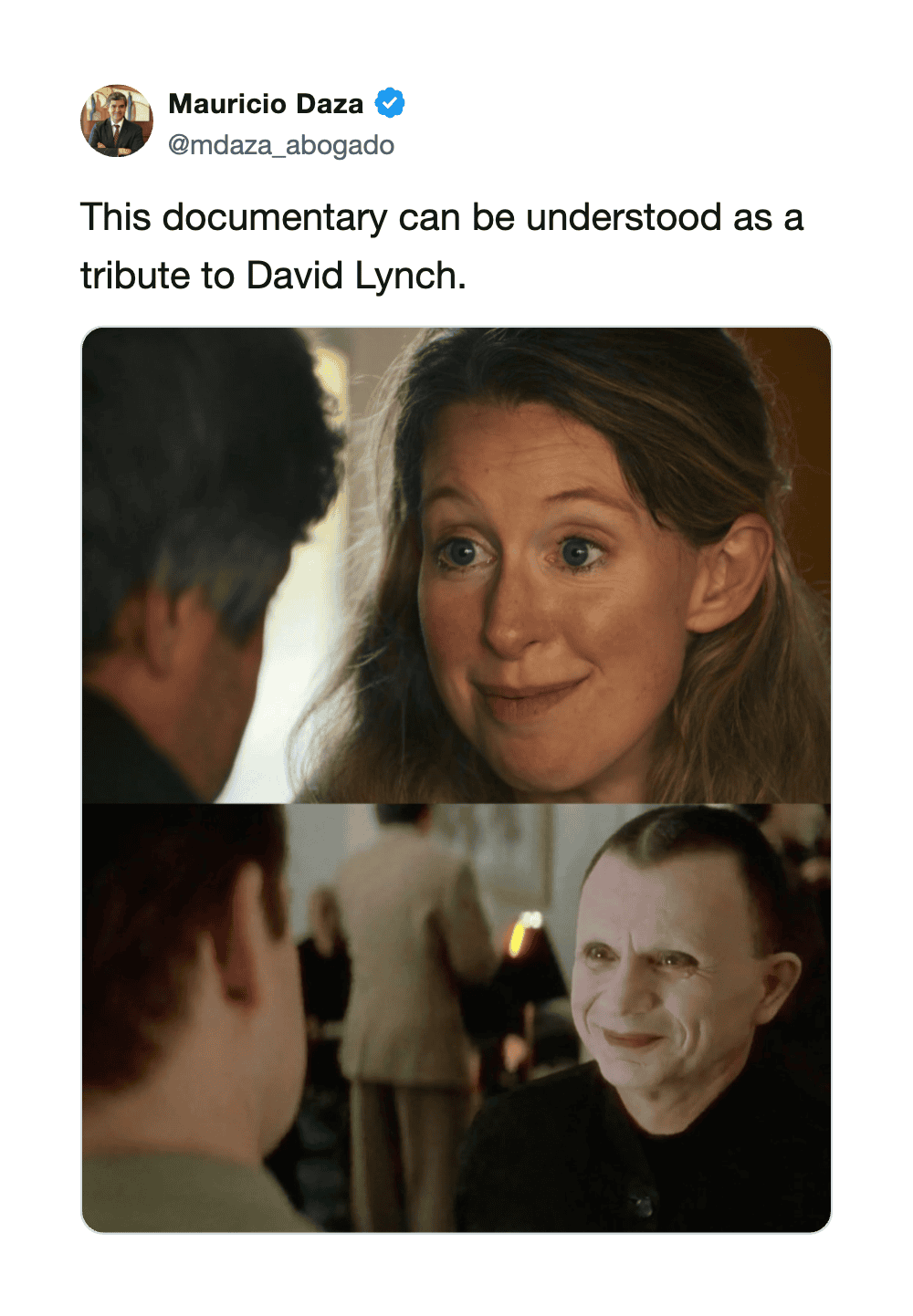 Image of a woman smiling at a man, with a scene of a man with a distorted face below.
