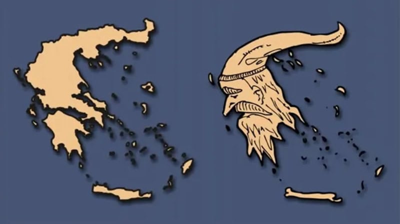 Map of Greece and a Viking with a horned helmet and long beard.