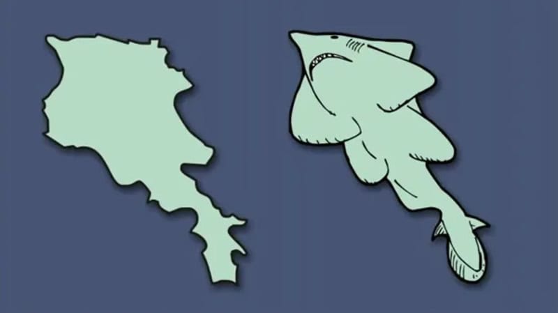 Illustration of a fish and a map of Iran shaped like a fish.