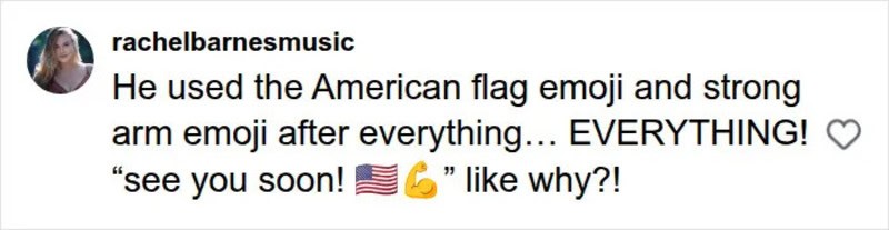 Person commenting on American flag and arm emojis used after everything.