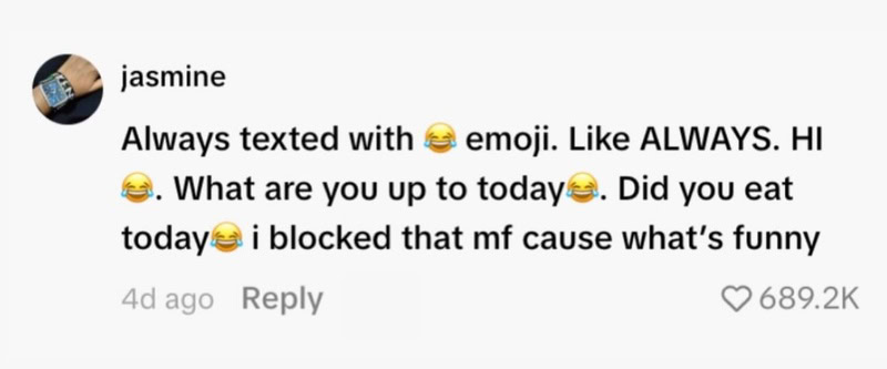 Text message conversation with emojis about eating and blocking someone.