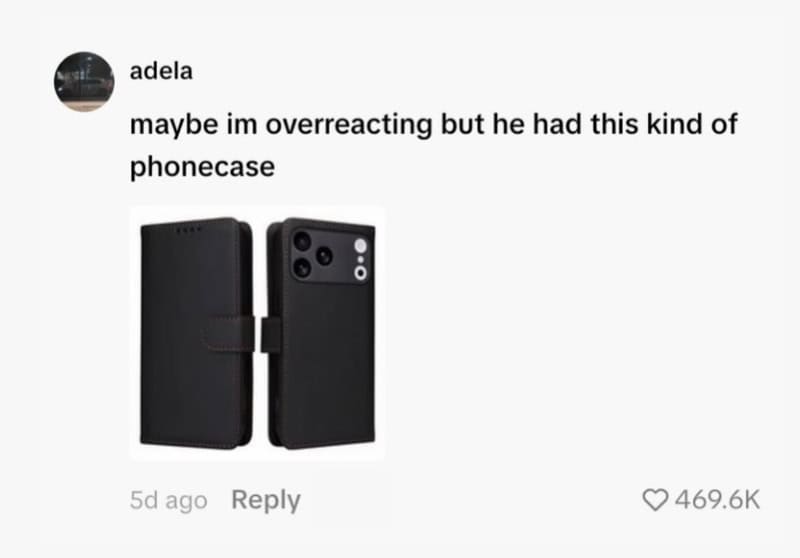 Person comments on overreacting to a phone case in a social media post.