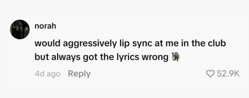 User comment about lip syncing at a club and lyrics being wrong.