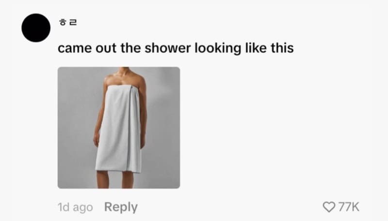 Person in a white towel after shower, captioned 'came out the shower looking like this'.