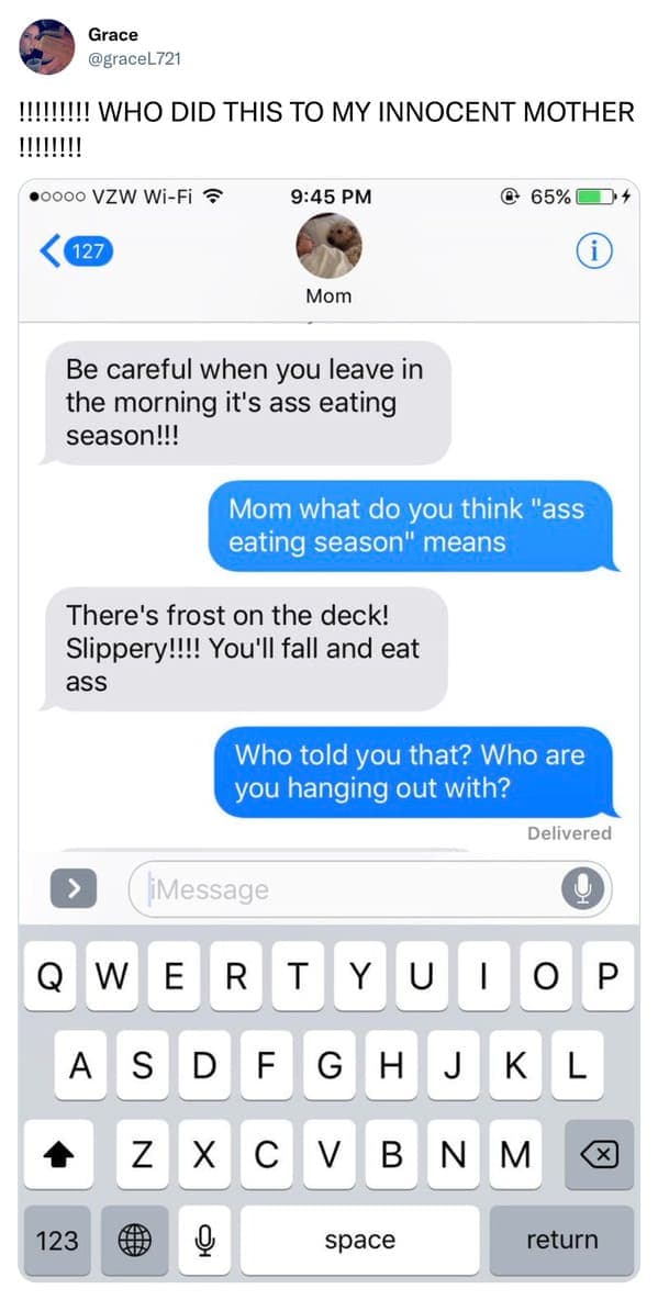 Text message conversation about eating season and frost on the deck.
