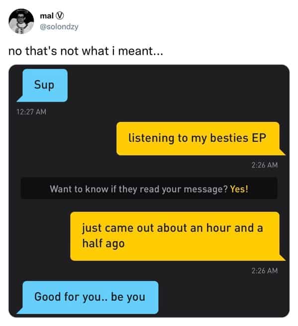 Text conversation about listening to a band's EP and reading messages, with humorous tone.