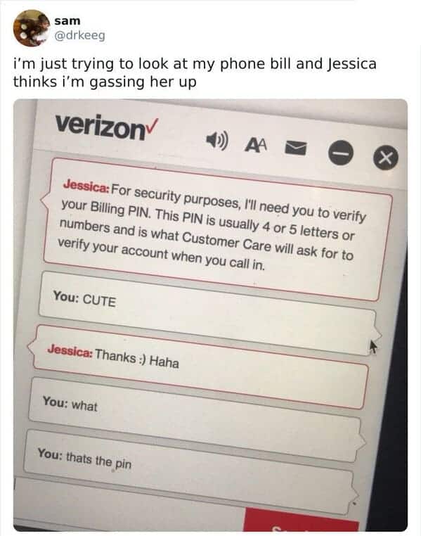 Text conversation about verifying a Verizon bill with a PIN, with humorous exchange.