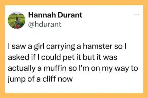 Hannah Durant's tweet about seeing a girl with a hamster that was actually a muffin.