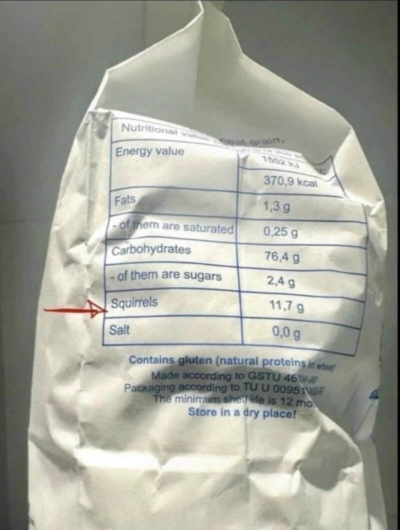 Crumpled nutrition label with a red arrow pointing to 'Squirrels'.