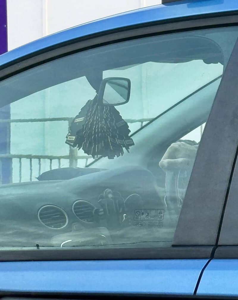 Car interior with a hanging decoration resembling a mop and a rearview mirror.
