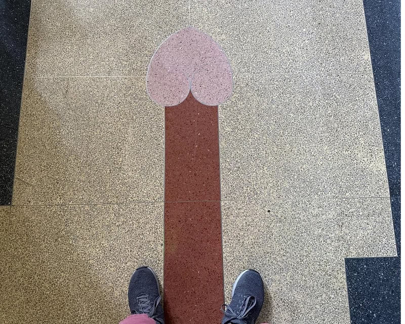 Floor with a pink and brown design resembling a cartoonish penis.