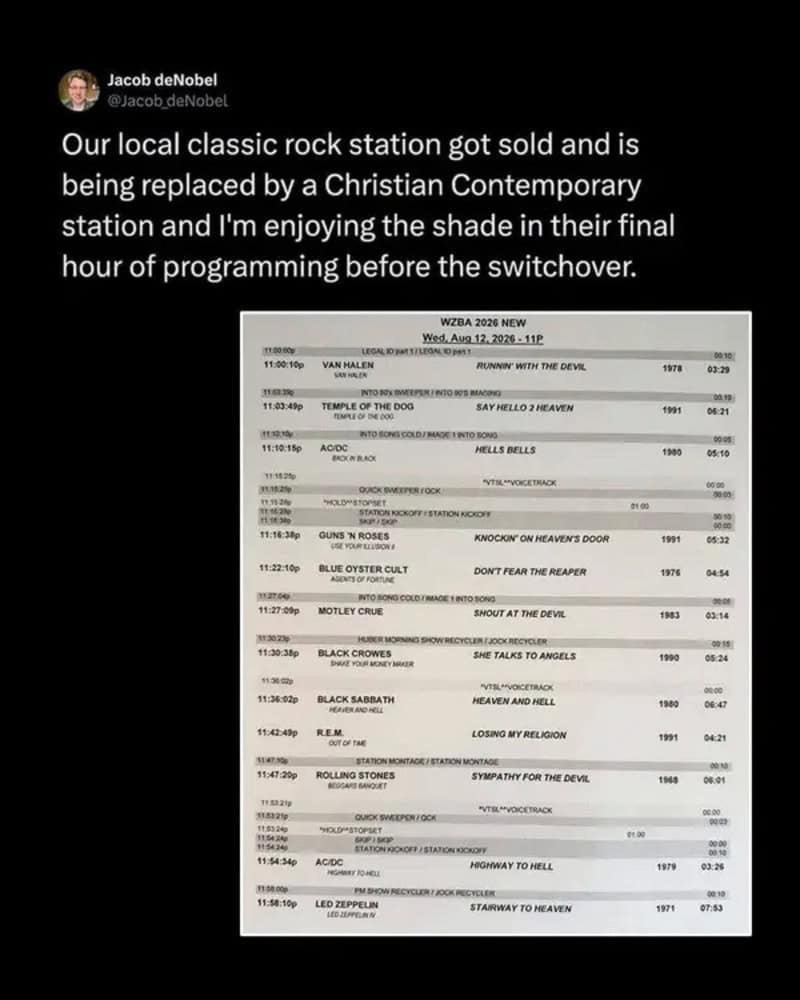 A TV guide with a humorous note about a local rock station replaced by a Christian station.