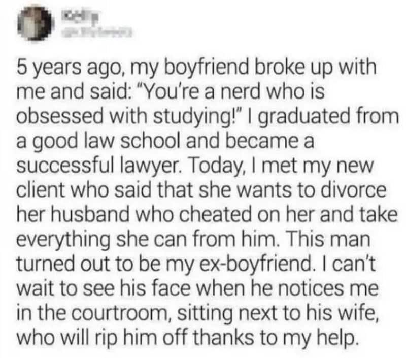 A story about a woman who became a lawyer and helped her ex-boyfriend's wife get revenge.