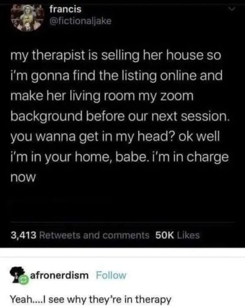 A social media post about a therapist selling her house and a humorous revenge plan.