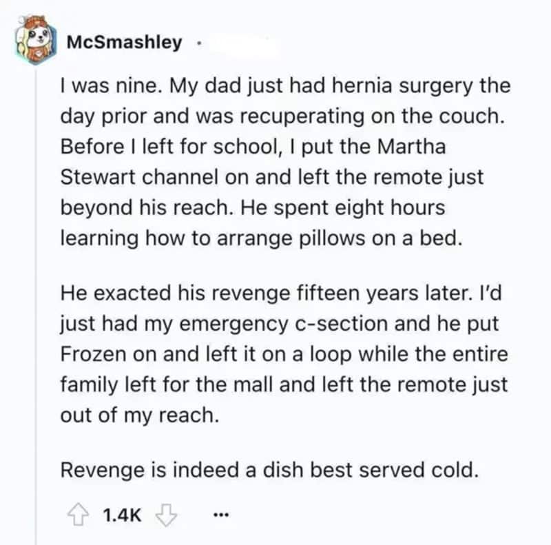 A social media post about a nine-year-old's revenge involving a remote and a TV.