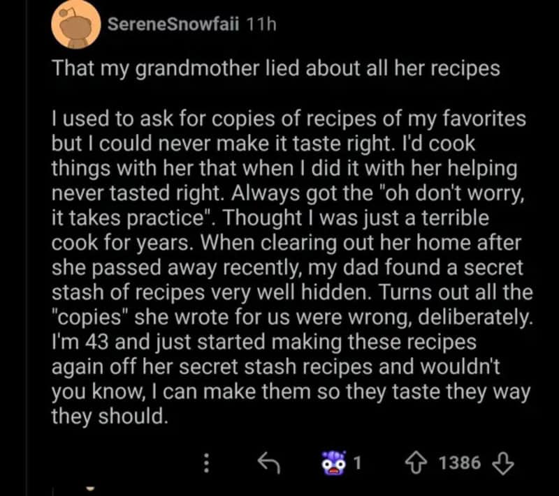 A social media post about grandmother's secret recipes and revenge.