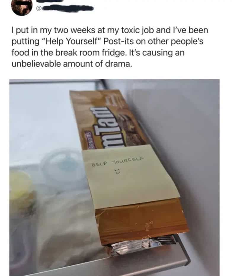 Chocolate bar with a sticky note saying 'Help Yourself' and a smiley face.