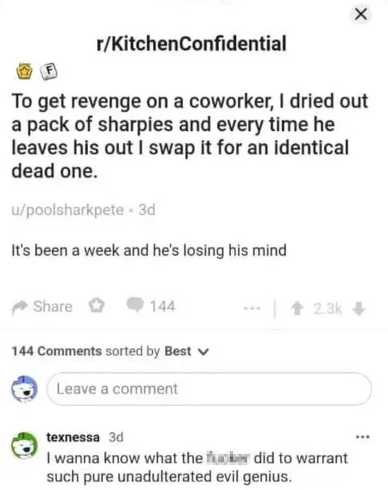 A screenshot of a Reddit post about petty revenge involving swapping out a coworker's sharpened for-.