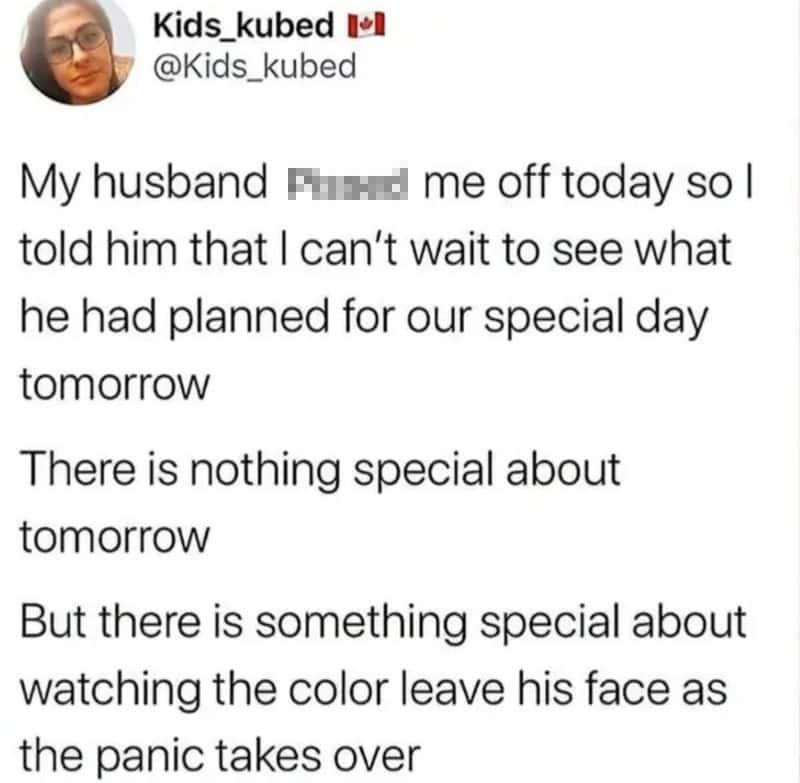 Humorous tweet about husband's reaction to color leaves.