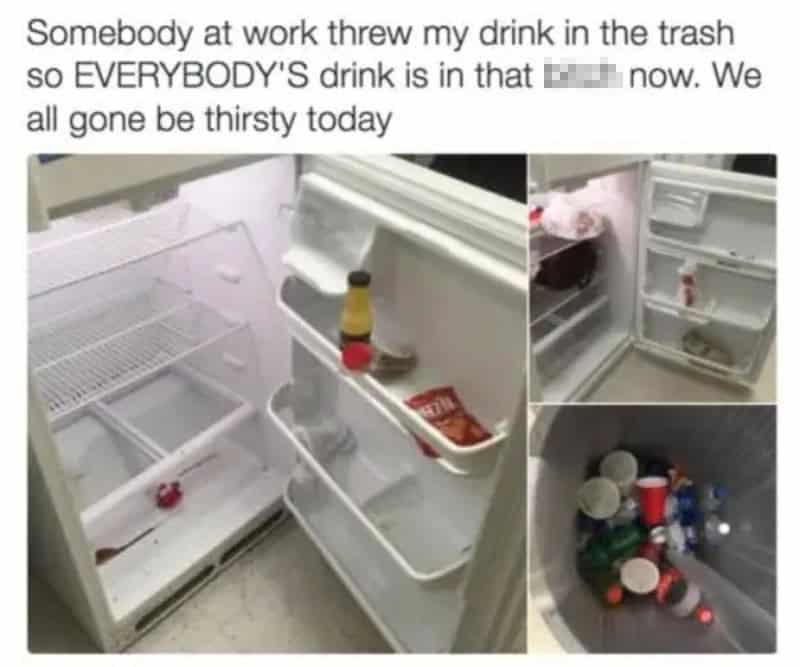 Empty fridge with a bottle and a tray, and a messy fridge with trash and bottles.