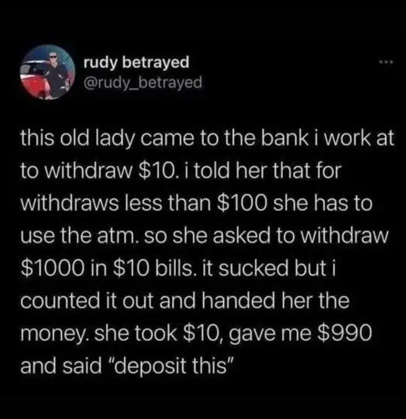 A social media post about a petty revenge involving a bank withdrawal.