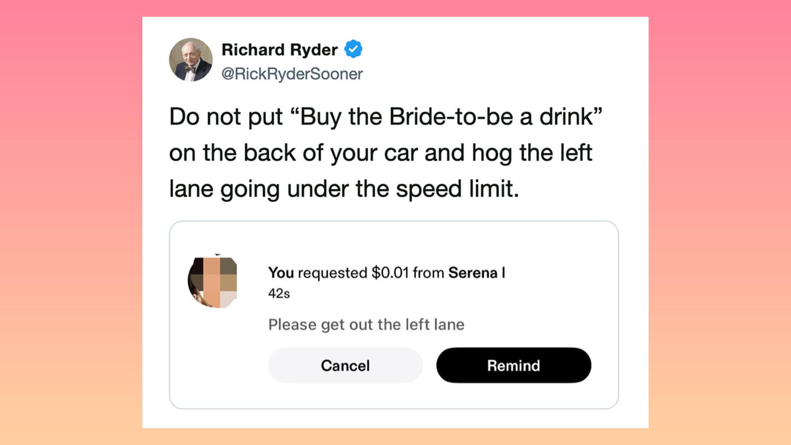 A humorous revenge note on a car's back window with a payment request and a message.